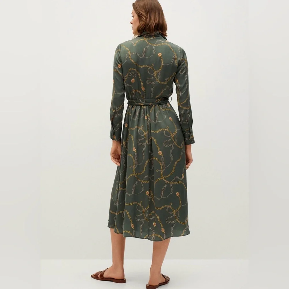 Mango Olive Green Chain-Print Midi Shirt Dress